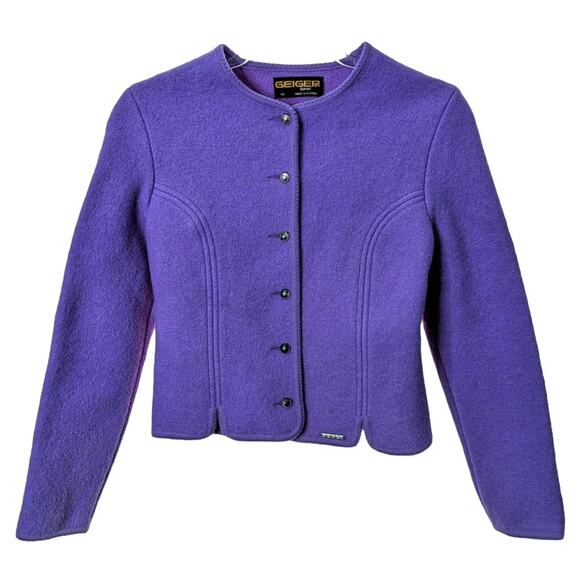 Vintage Geiger Tyrol Lilac Cropped Cardigan Sweater Wool Jacket EU Size 40 - Picture 1 of 8